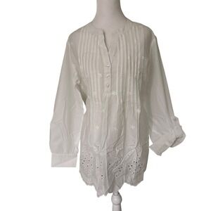 American‎ Sweetheart White Floral Embroidered Eyelet Pintuck Blouse Tunic - M